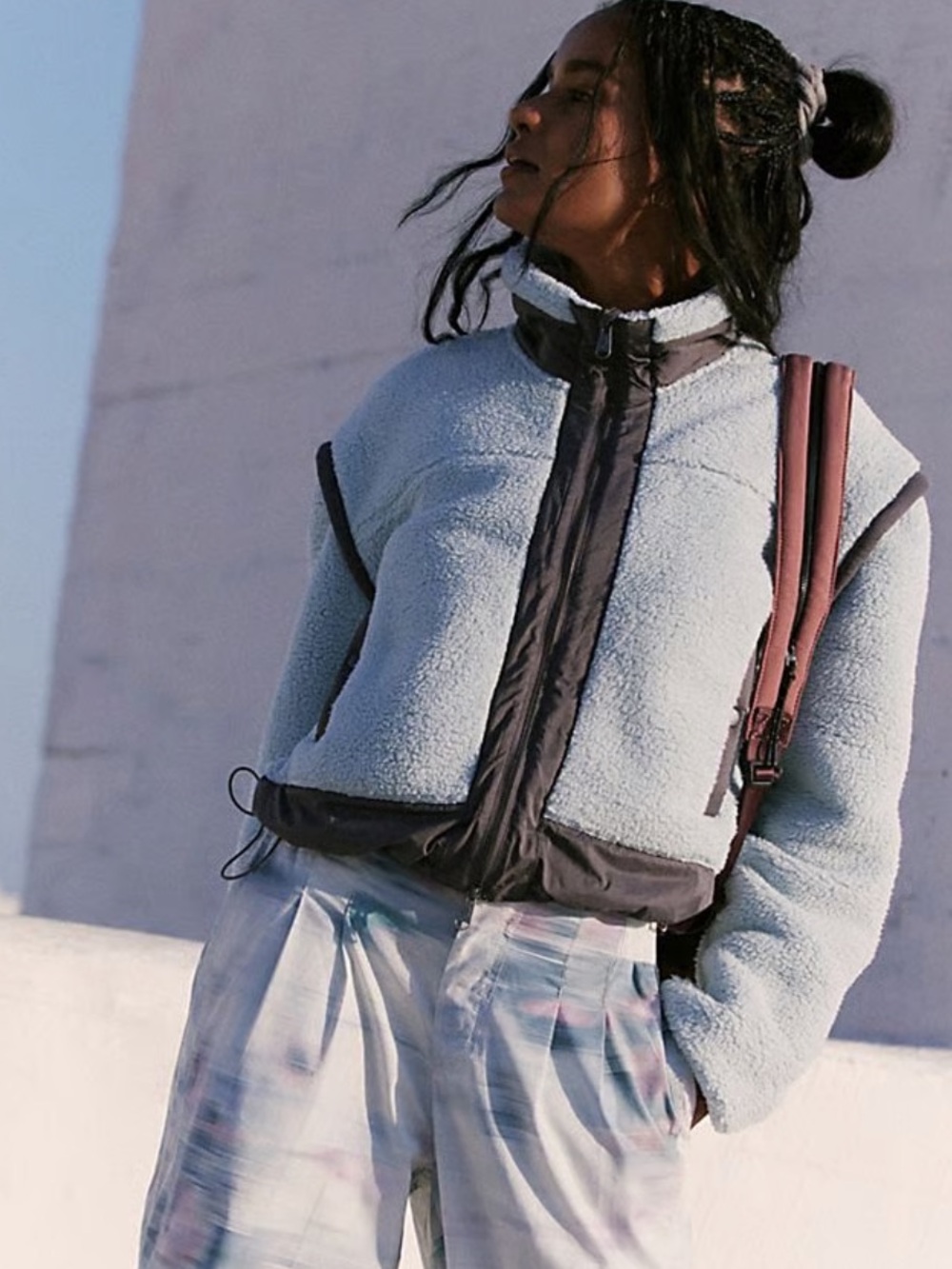 Free People Movement Light Blue Sherpa Jacket with Dark Grey Trim